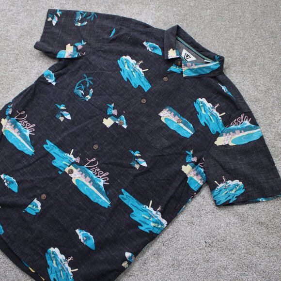 Vissla Waikikooks Shirt Mens XL Black/Blue Beach Print Cotton/Viscose S/S Button - Picture 3 of 14